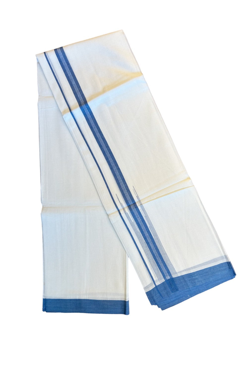 22% DISCOUNT!! Kaitharikada Balaramapuram 100% Cotton Ultra WHITE Double Mundu/Dothi-100x100  2.25 Inch BLUE Striped Cotton Kara 3.80m- 31KK74RAM