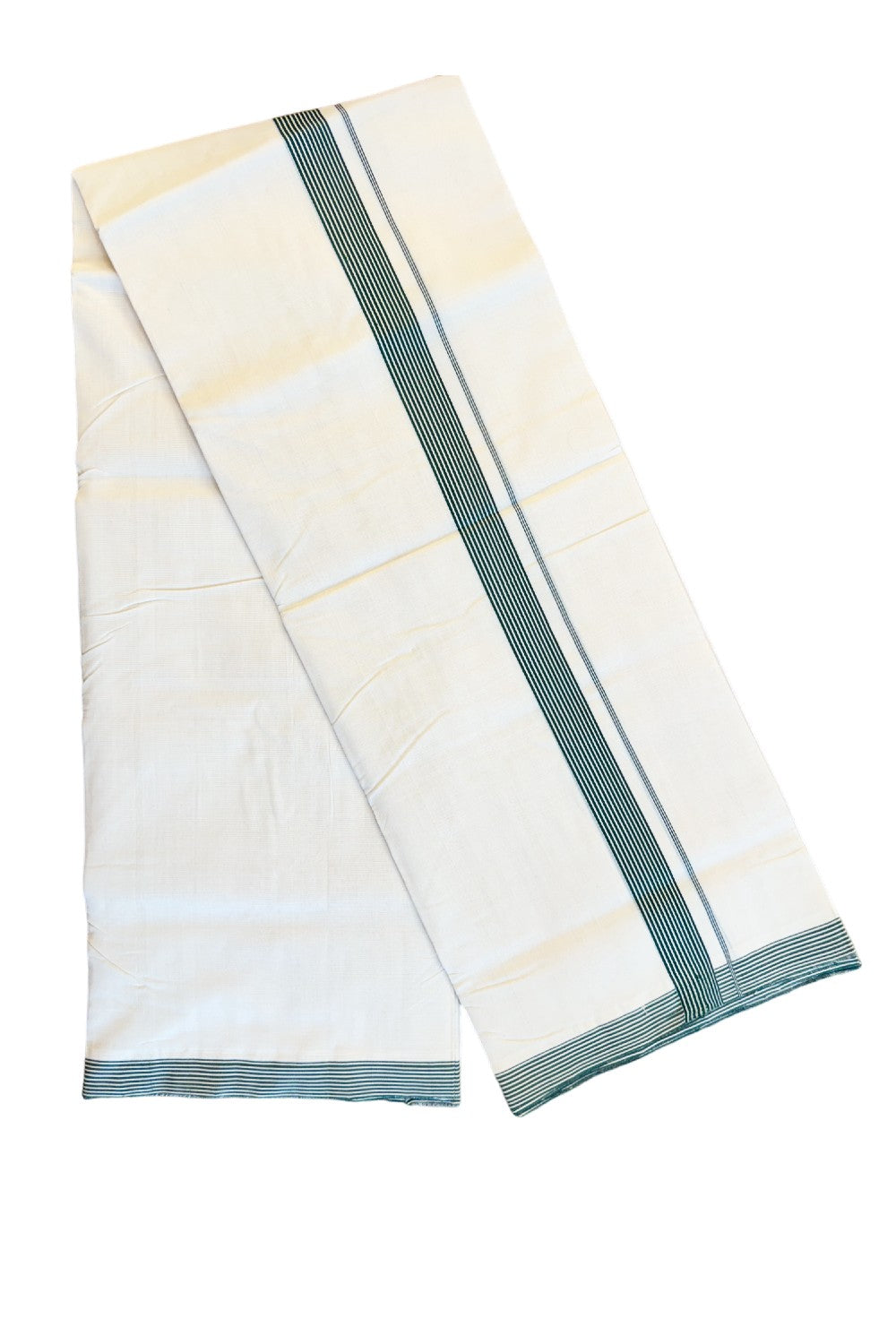 15% DISCOUNT!! KaithariKada HANDLOOM Unakkupaavu Balaramapuram - 100% PURE Cotton OFF White (Unbleached) Double Mundu/Dothi - GREEN Striped 1.75 inch Kara- KK46SOM-31.