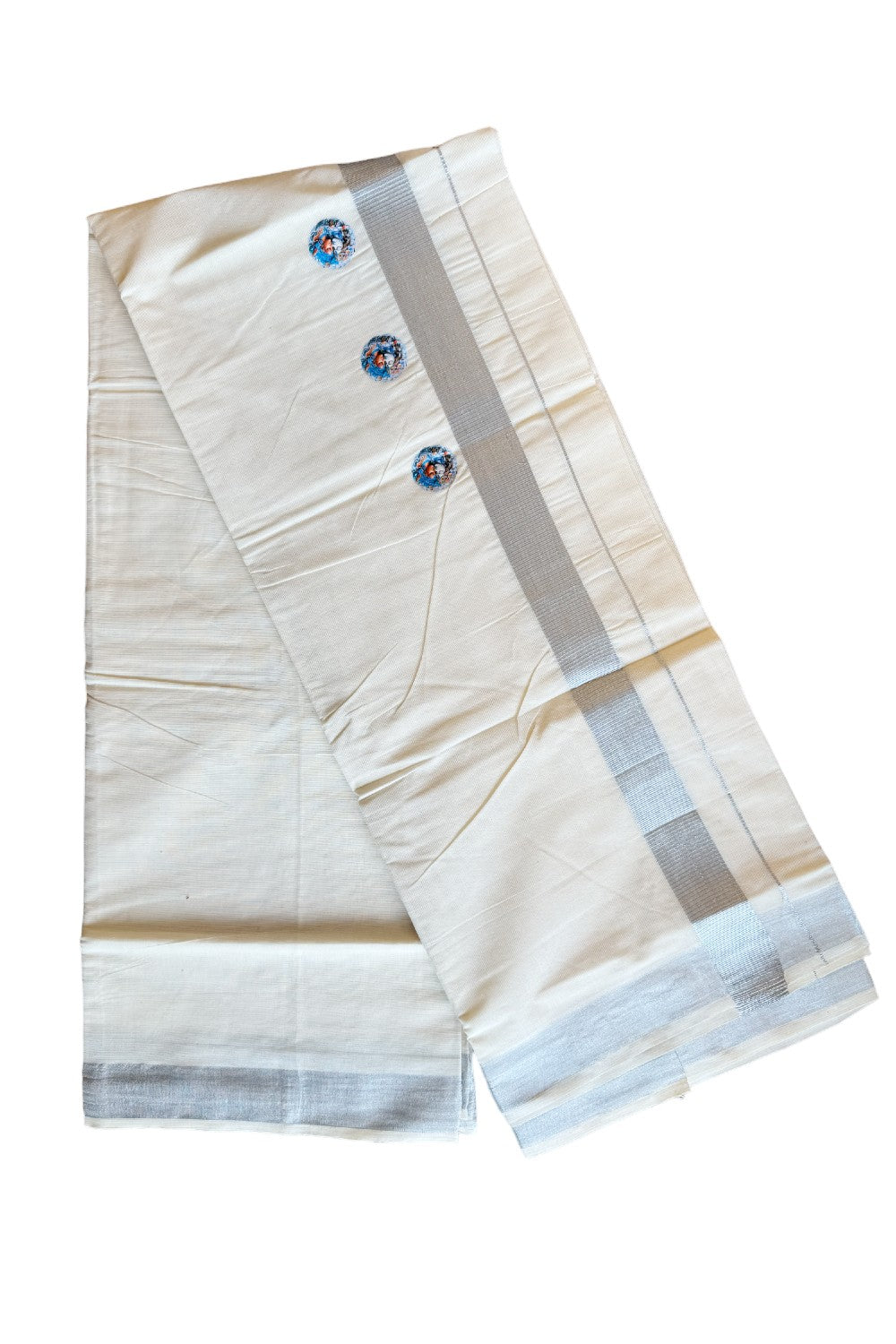 15% Discount !! KaithariKada Balaramapuram 100% Cotton Double Off white Mundu/Dhoti-80x72- 2 inch Hand Painted Silver Kasavu & Mural Design - 31KK207PMC