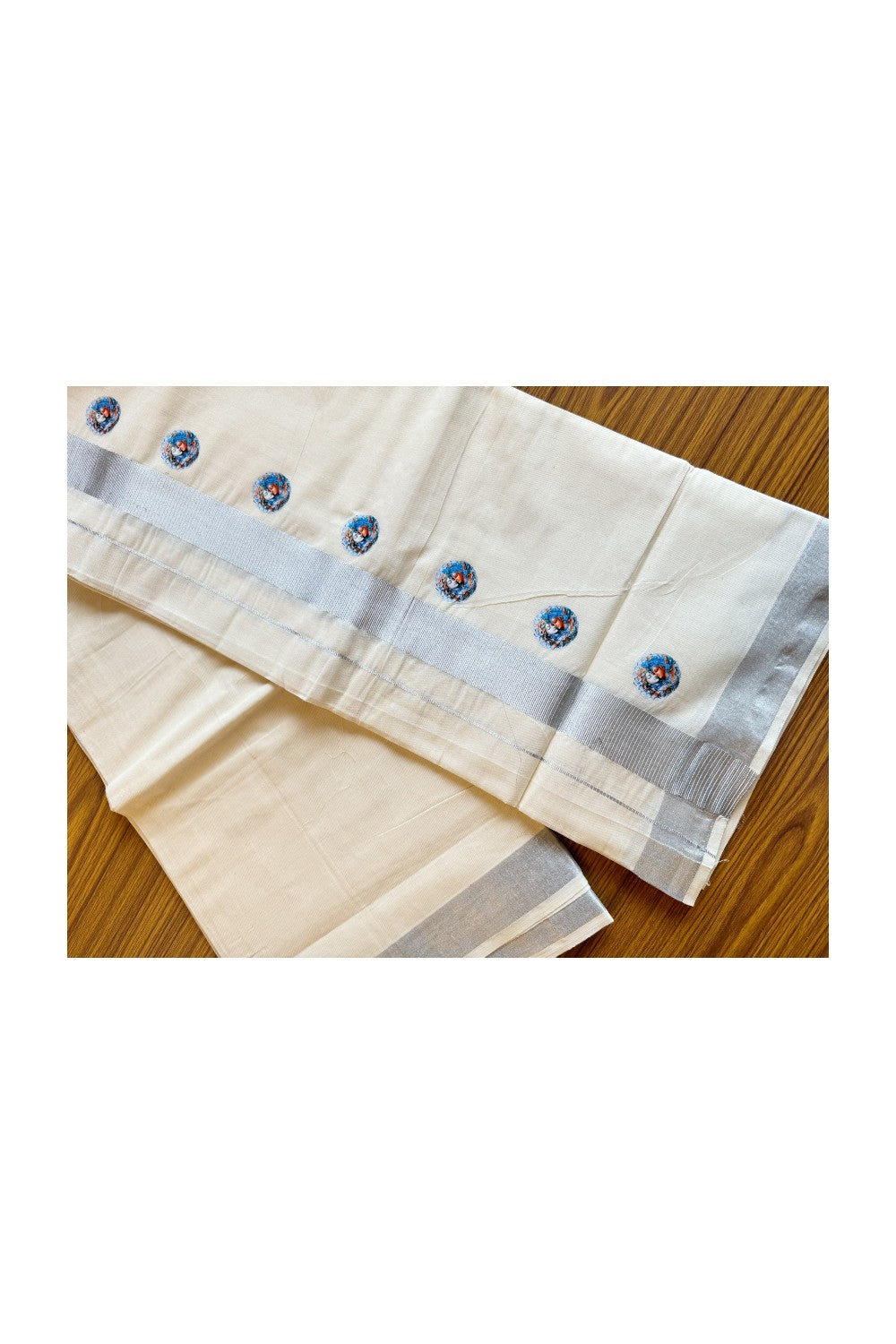 15% Discount !! KaithariKada Balaramapuram 100% Cotton Double Off white Mundu/Dhoti-80x72- 2 inch Hand Painted Silver Kasavu & Mural Design - 31KK207PMC