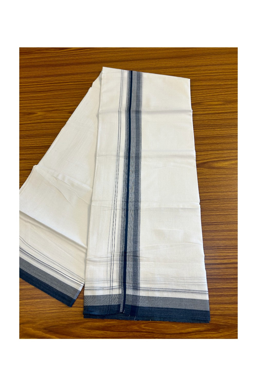 15% DISCOUNT!! Kaitharikada Balaramapuram 100% Cotton Ultra WHITE Double Mundu/Dothi-100x90  2.25 Inch Dark Peacock blue & White shaded stripes kara - 31KK430VAS