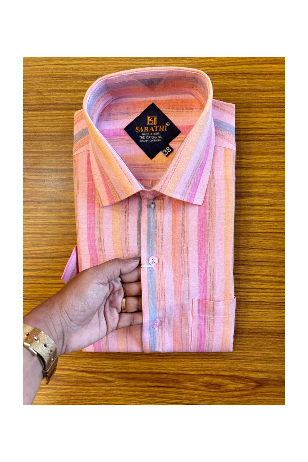 NEW !! Kaitharikada- 100% Pure Cotton Pink & Blue Striped Sarathi The Orginal Quality Clothing HALF Sleeve Shirt.- 31KK444SAR