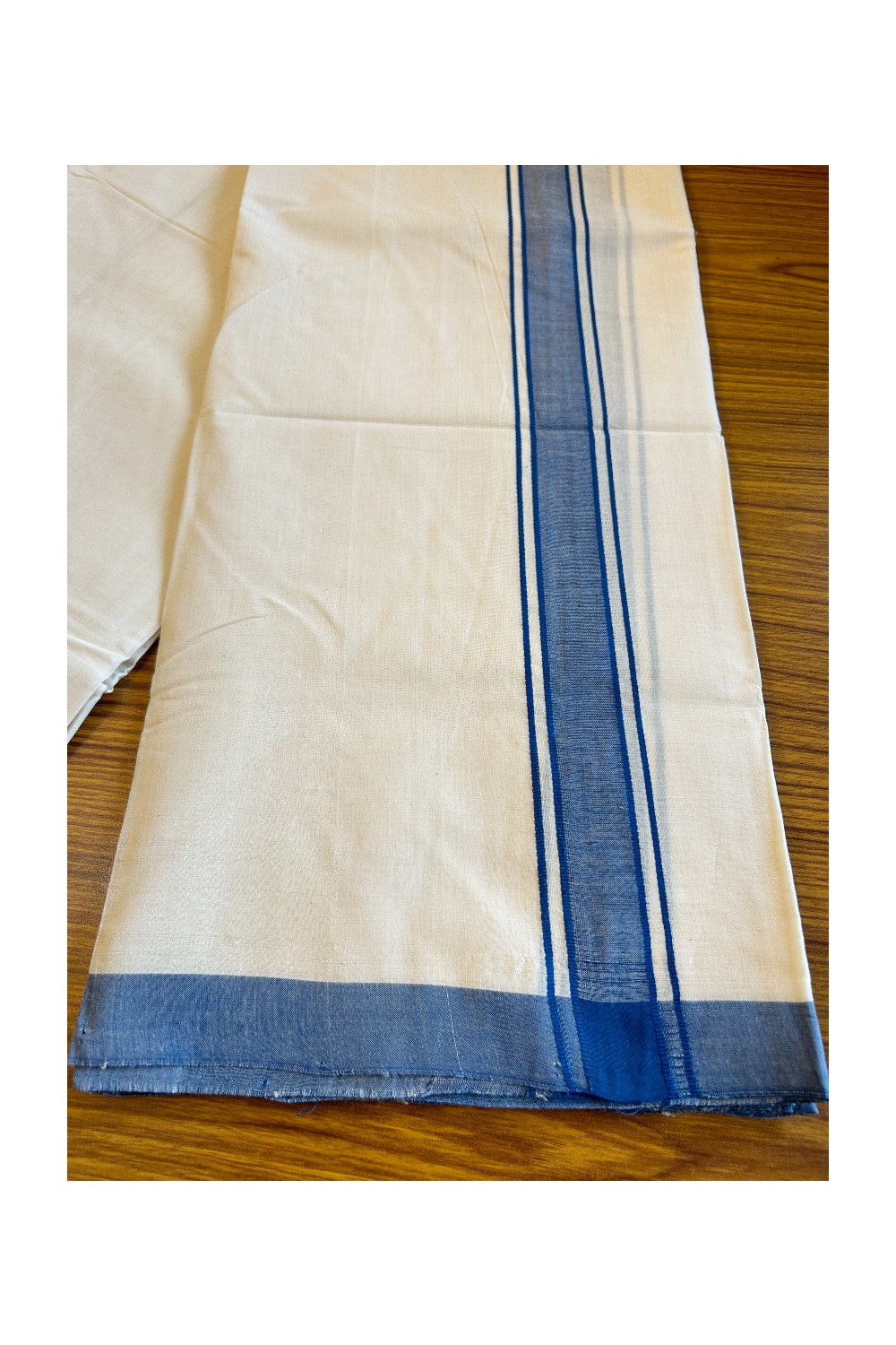 15% DISCOUNT!! KaithariKada HANDLOOM UNAKKUPAAV Balaramapuram - 100% PURE Cotton OFF White (Unbleached) Double Mundu/Dothi - 1.75 Inch Blue Kara - 31KK456KK