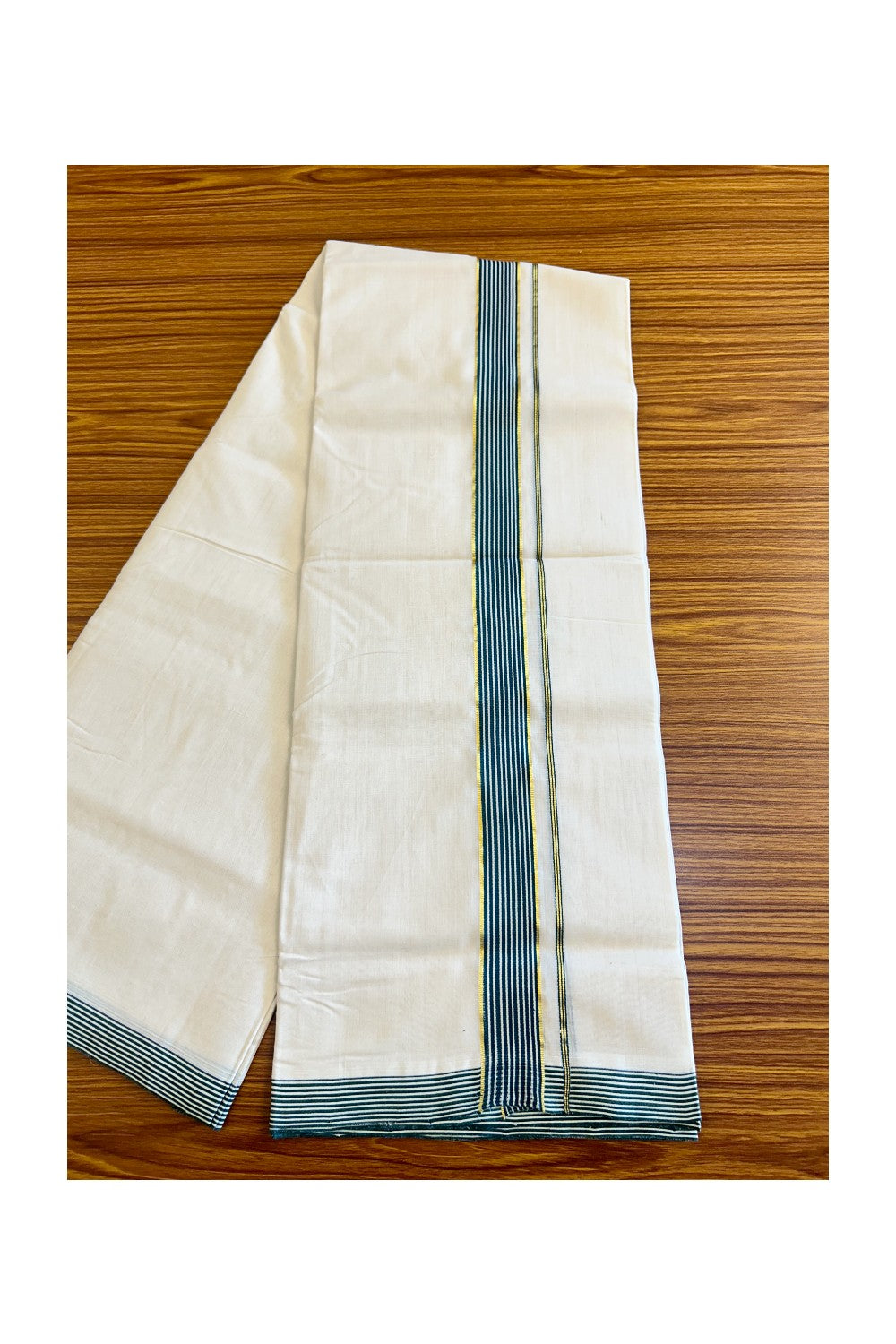 15% Discount!!! KaithariKada HANDLOOM UNAKKUPAAV Balaramapuram - 100% PURE Cotton off white (Unbleached) Double Mundu/Dhoti - Kasavu Dark green & White stripes kara - 31KK458SOM