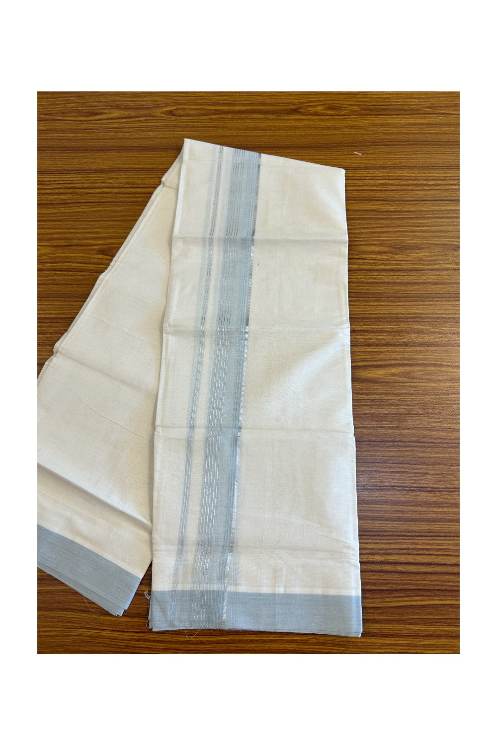 10% DISCOUNT ! KaithariKada Balaramapuram 100% Cotton Double Off white Mundu/Dhoti-100X100- 2.25inch SILVER  KASAVU & Light BLUE Kara - 31KK500KK