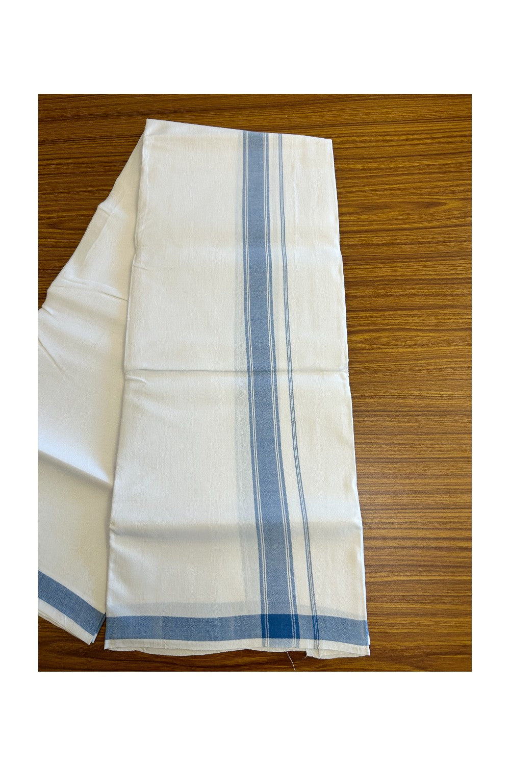 15% KaithariKada 100% PURE Cotton Balaramapuram HANDLOOM Pure white Single Mundu/Dhoti - 1.75 inch Blue Striped Kara - 31KK5067KK