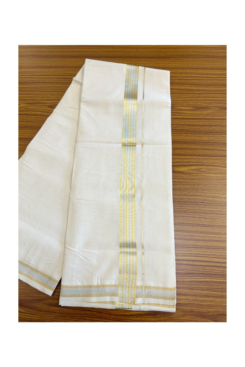 21% DISCOUNT ! KaithariKada HANDLOOM Millpaav Balaramapuram - 100% PURE Cotton Off White (Unbleached) Double Mundu/Dhoti - Gold Kasavu & Silver Striped Kara- 43KK203RAM