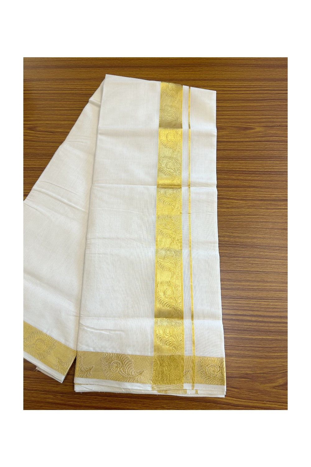 30% DISCOUNT ! KaithariKada HANDLOOM Unakkupaav Balaramapuram - 100% PURE Cotton Off White - (Unbleached) Double Mundu/Dhoti - 2.75 inch Gold Kasavu Peacock Feather Design Kara - 31KK5105RAM