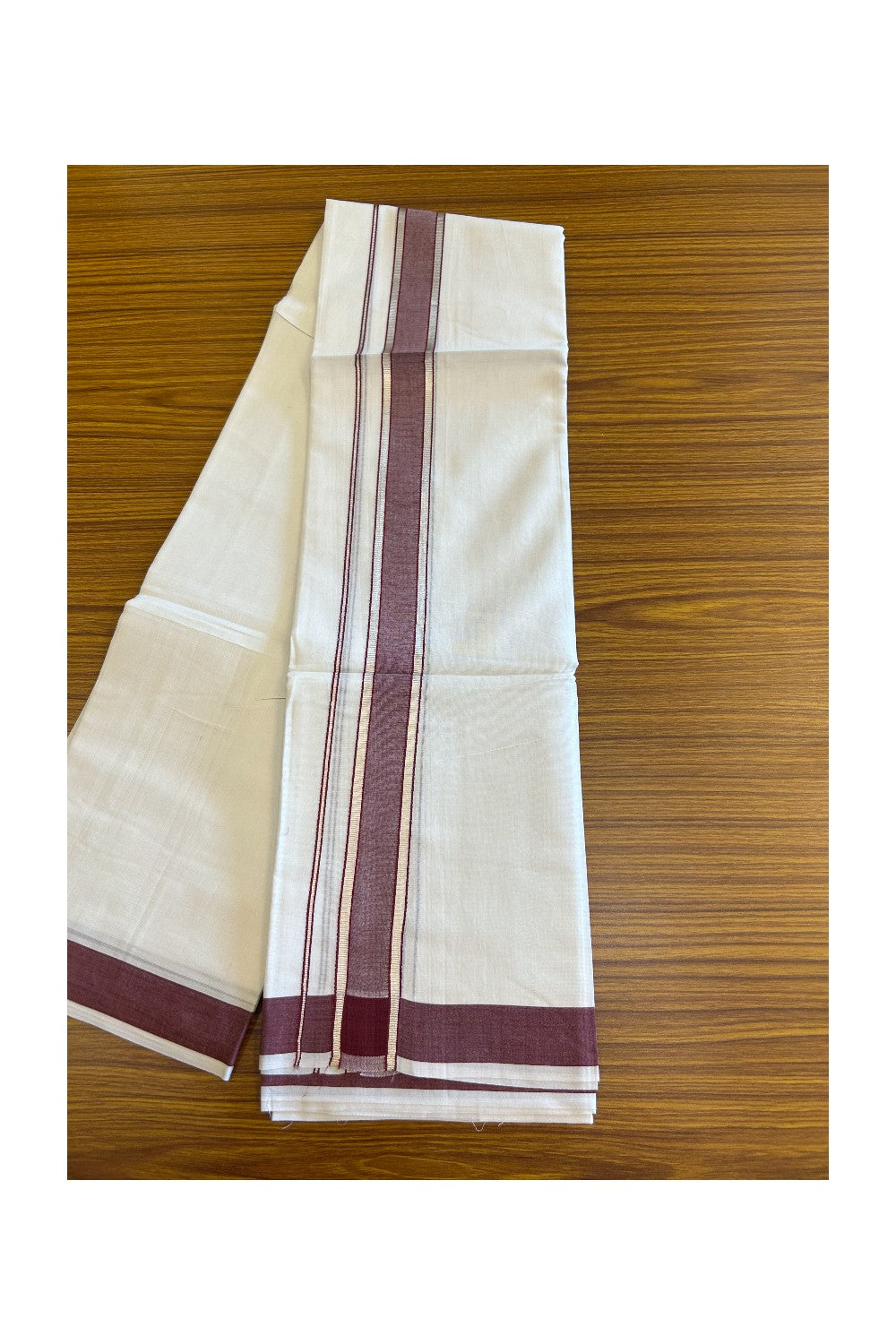 29% DISCOUNT! KaithariKada Balaramapuram 100% Mercerised Cotton Double PURE white Mundu/Dhoti - 100x100  2.25 inch Silver Kasavu & Maroon Kara - 31KK5108GAN