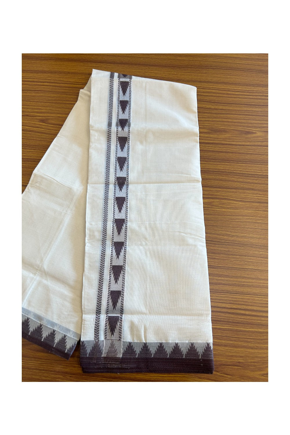 20% DISCOUNT ! KaithariKada Balaramapuram 100% Cotton Double off white  (Unbleached) Mundu/Dhoti - 100X90 - 2.25 inch Silver kasavu & Brown Temple design kara - 31KK5113PMC