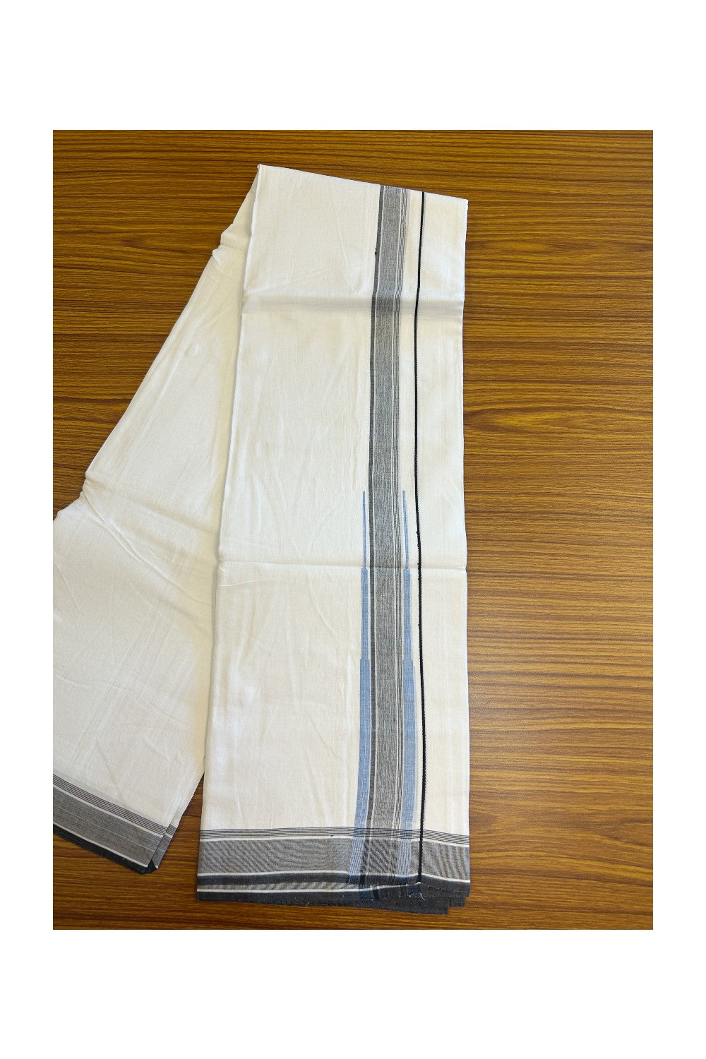 20% DISCOUNT!! Kaitharikada Balaramapuram 100% Cotton PURE WHITE Double Mundu/Dothi-80X90 - 1.75 Inch Light Blue & Black Striped Chutty Kara 3.70m (8 Muzham) - 50KK5115THI