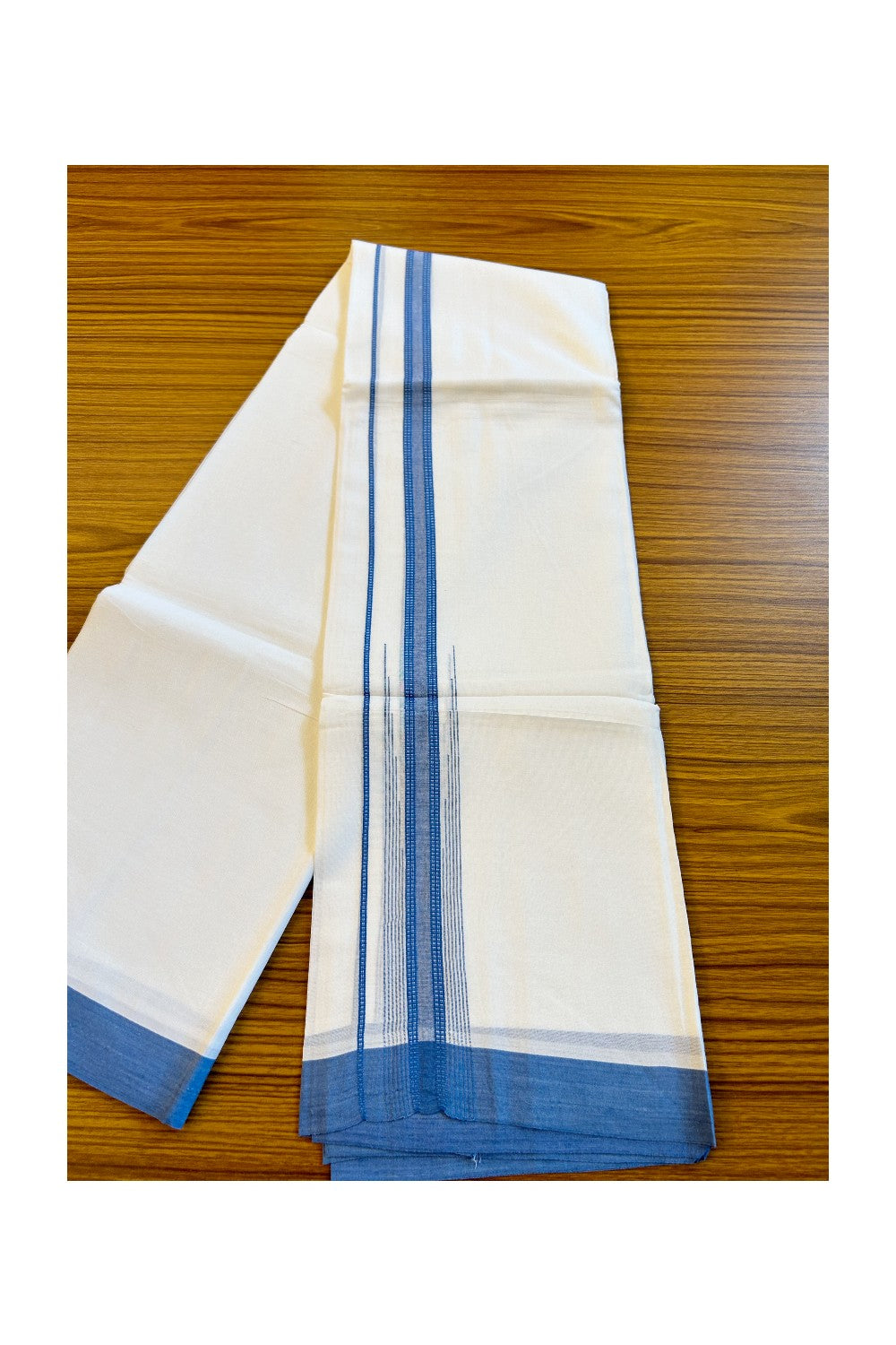 22% DISCOUNT!! Kaitharikada Balaramapuram 100% Cotton Ultra WHITE Double Mundu/Dothi-100x100  2.25 Inch BLUE Striped Cotton Kara 3.80m- 31KK74RAM