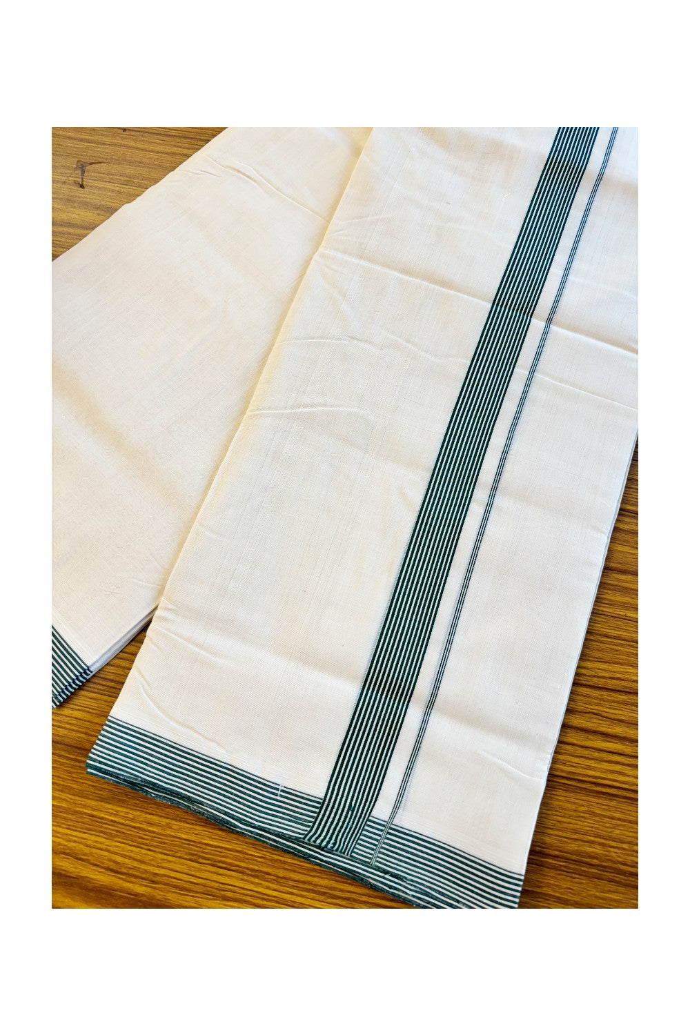 15% DISCOUNT!! KaithariKada HANDLOOM Unakkupaavu Balaramapuram - 100% PURE Cotton OFF White (Unbleached) Double Mundu/Dothi - GREEN Striped 1.75 inch Kara- KK46SOM-31.