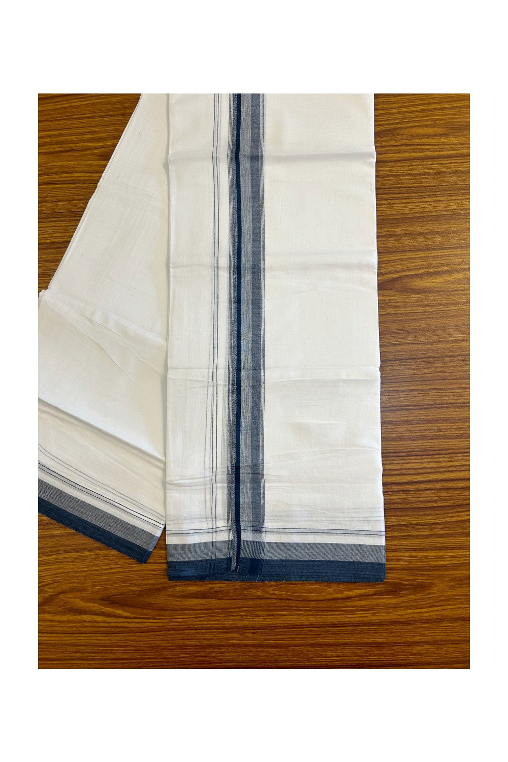 15% DISCOUNT!! Kaitharikada Balaramapuram 100% Cotton Ultra WHITE Double Mundu/Dothi-100x90  2.25 Inch Dark Peacock blue & White shaded stripes kara - 31KK430VAS