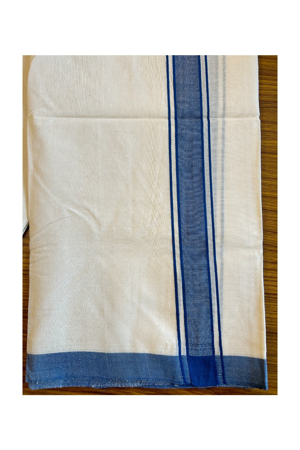 15% DISCOUNT!! KaithariKada HANDLOOM UNAKKUPAAV Balaramapuram - 100% PURE Cotton OFF White (Unbleached) Double Mundu/Dothi - 1.75 Inch Blue Kara - 31KK456KK