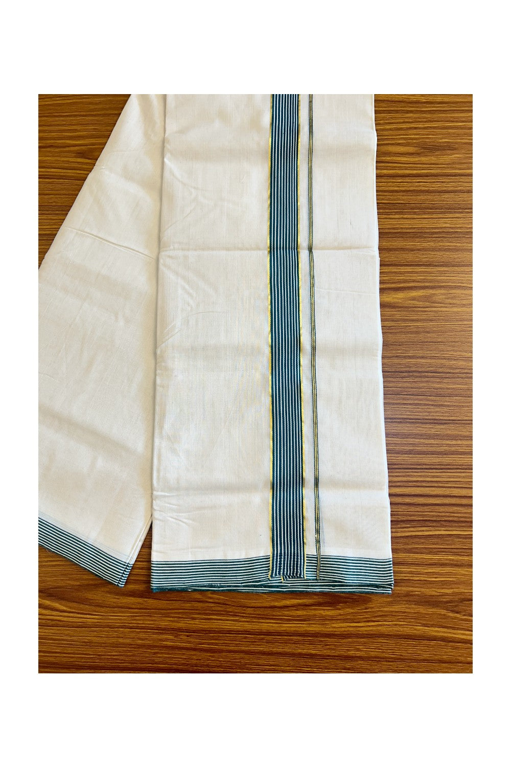 15% Discount!!! KaithariKada HANDLOOM UNAKKUPAAV Balaramapuram - 100% PURE Cotton off white (Unbleached) Double Mundu/Dhoti - Kasavu Dark green & White stripes kara - 31KK458SOM