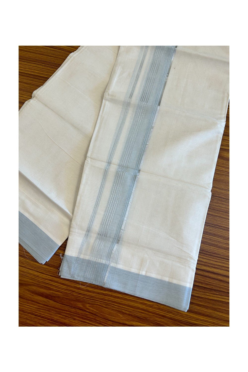 10% DISCOUNT ! KaithariKada Balaramapuram 100% Cotton Double Off white Mundu/Dhoti-100X100- 2.25inch SILVER  KASAVU & Light BLUE Kara - 31KK500KK