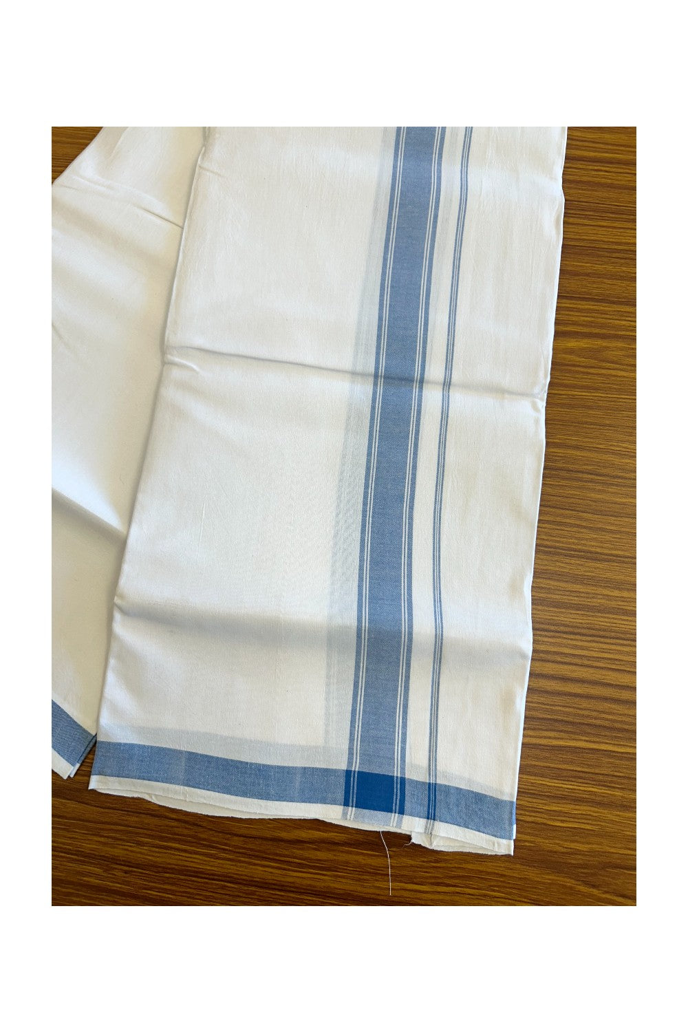 15% KaithariKada 100% PURE Cotton Balaramapuram HANDLOOM Pure white Single Mundu/Dhoti - 1.75 inch Blue Striped Kara - 31KK5067KK