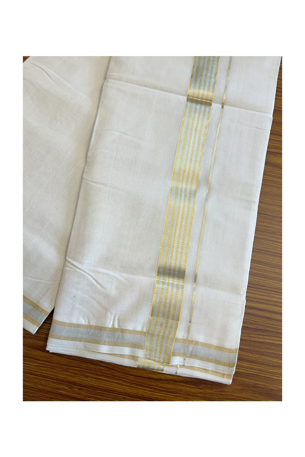 21% DISCOUNT ! KaithariKada HANDLOOM Millpaav Balaramapuram - 100% PURE Cotton Off White (Unbleached) Double Mundu/Dhoti - Gold Kasavu & Silver Striped Kara- 43KK203RAM