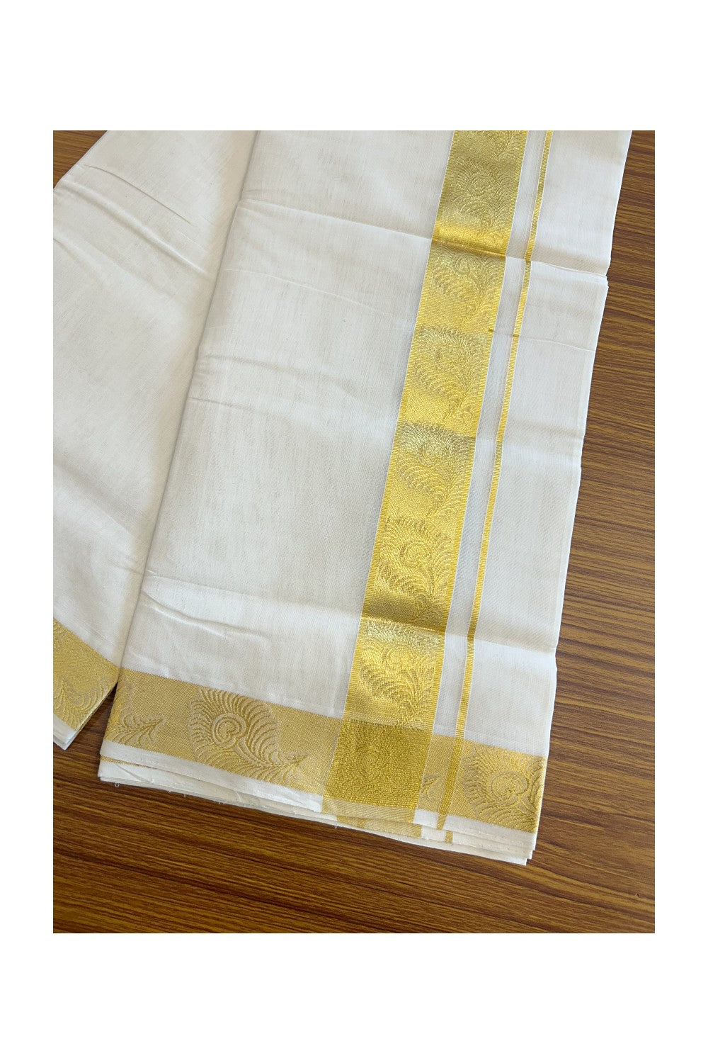 30% DISCOUNT ! KaithariKada HANDLOOM Unakkupaav Balaramapuram - 100% PURE Cotton Off White - (Unbleached) Double Mundu/Dhoti - 2.75 inch Gold Kasavu Peacock Feather Design Kara - 31KK5105RAM