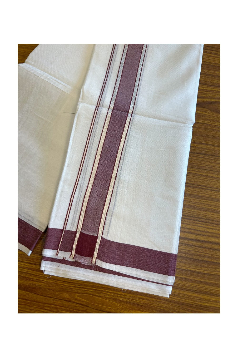 29% DISCOUNT! KaithariKada Balaramapuram 100% Mercerised Cotton Double PURE white Mundu/Dhoti - 100x100  2.25 inch Silver Kasavu & Maroon Kara - 31KK5108GAN