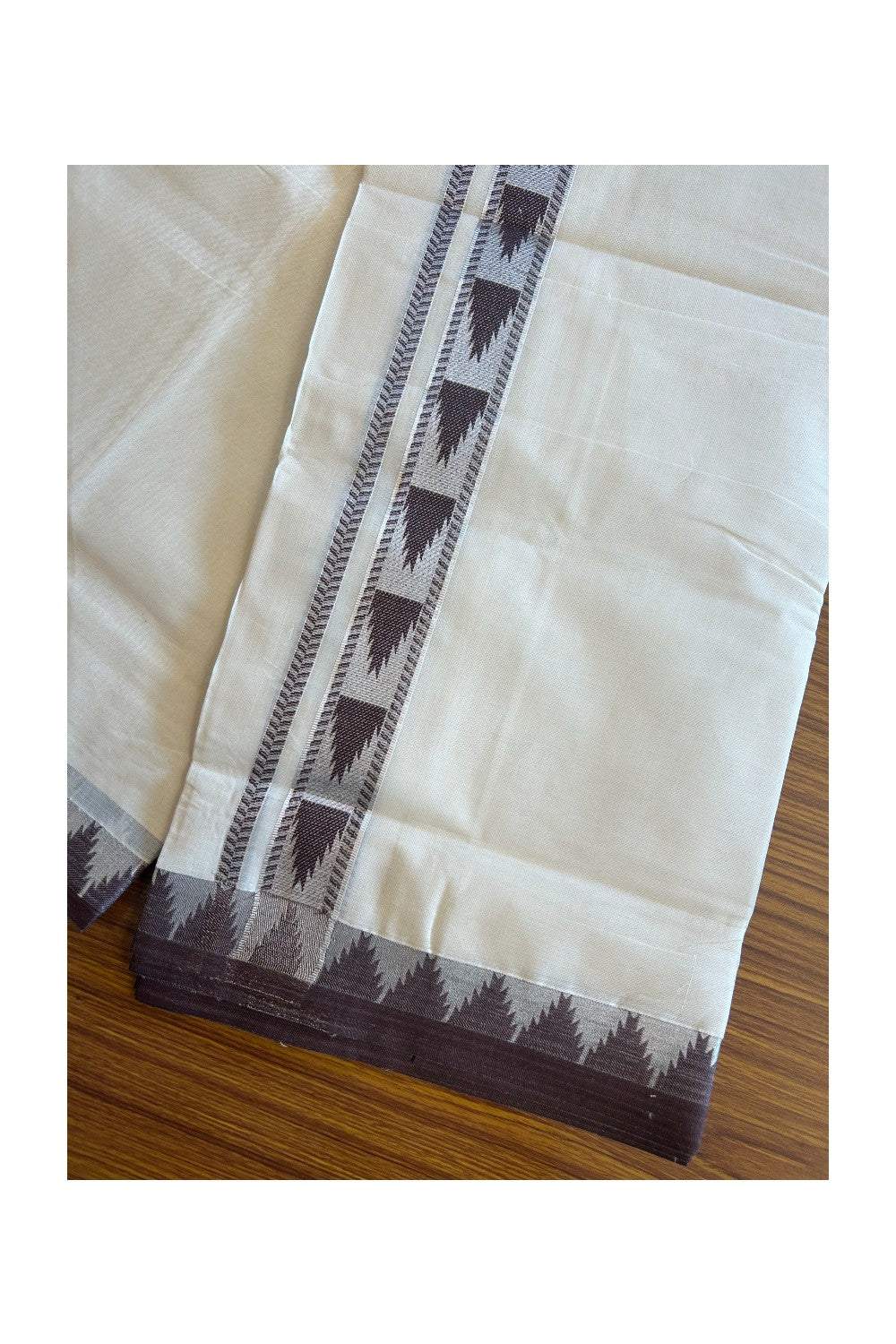 20% DISCOUNT ! KaithariKada Balaramapuram 100% Cotton Double off white  (Unbleached) Mundu/Dhoti - 100X90 - 2.25 inch Silver kasavu & Brown Temple design kara - 31KK5113PMC