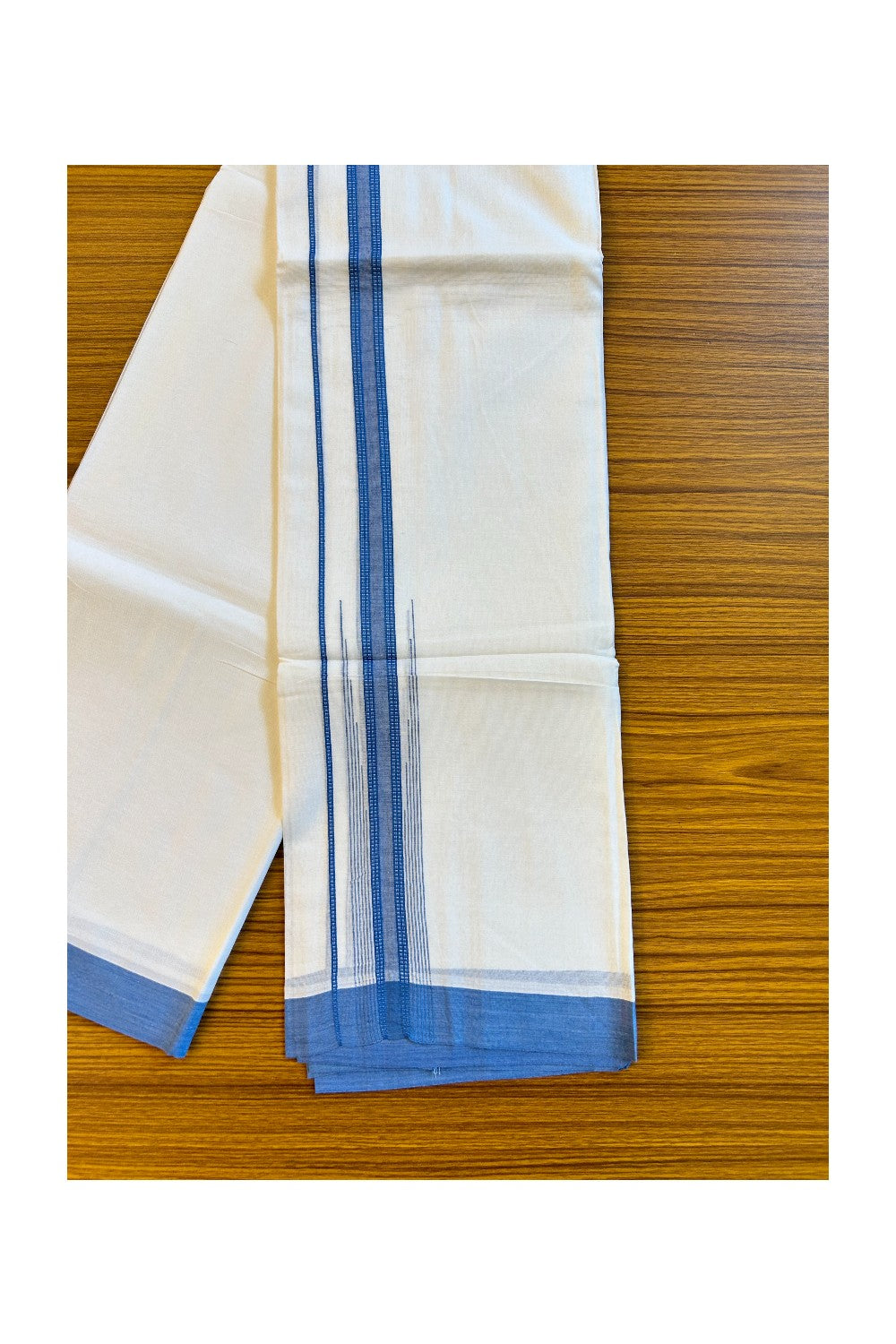 22% DISCOUNT!! Kaitharikada Balaramapuram 100% Cotton Ultra WHITE Double Mundu/Dothi-100x100  2.25 Inch BLUE Striped Cotton Kara 3.80m- 31KK74RAM