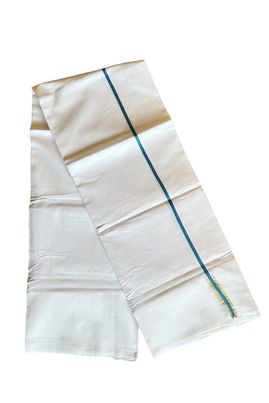 19% DISCOUNT!! KaithariKada Balaramapuram 100% Cotton PURE WHITE Double Mundu/Dhoti-100x100  1.5 cm Puliyilakkara peacock blue & kasavu chutty - 32KK412ASH