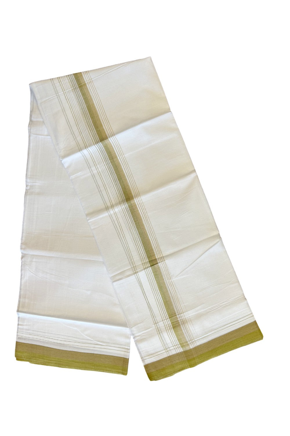 15% DISCOUNT!! Kaitharikada Balaramapuram 100% Cotton Ultra WHITE Double Mundu/Dothi-100x90  2.5 Inch Dark Olive green shaded stripes kara - 32KK430VAS