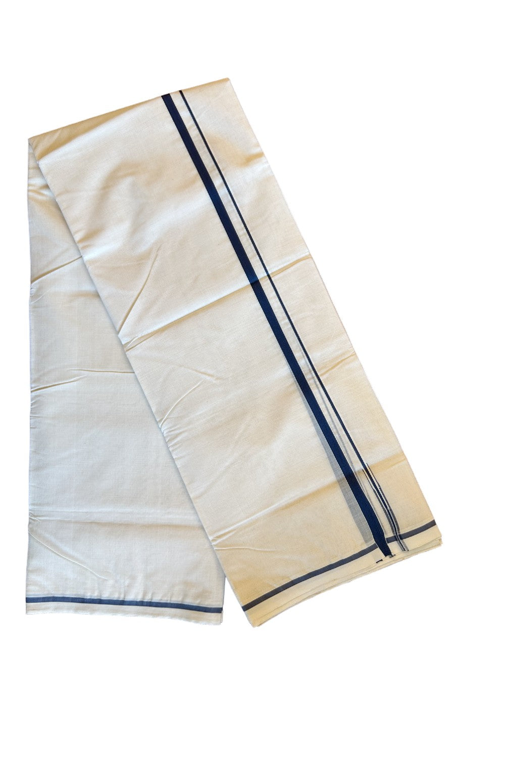 15% DISCOUNT! KaithariKada HANDLOOM Millpaav BALARAMAPURAM - 100% PURE Cotton 100x100 Double Mundu/Dhoti OFF WHITE (Unbleached) - PULIYILAKKARA Navy blue 1.cm  KARA - 32KK456KK