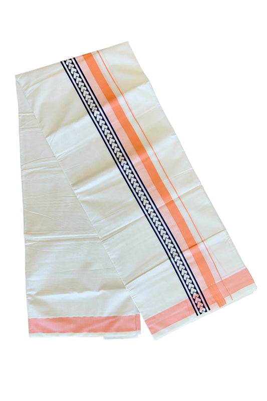 29% Discount !! KaithariKada Balaramapuram 100% Cotton Off white Double Mundu/Dhoti - 80x72- 3.25 Inch  Peach Orange Striped  Striped pattern printed kara - 29KK470VIN