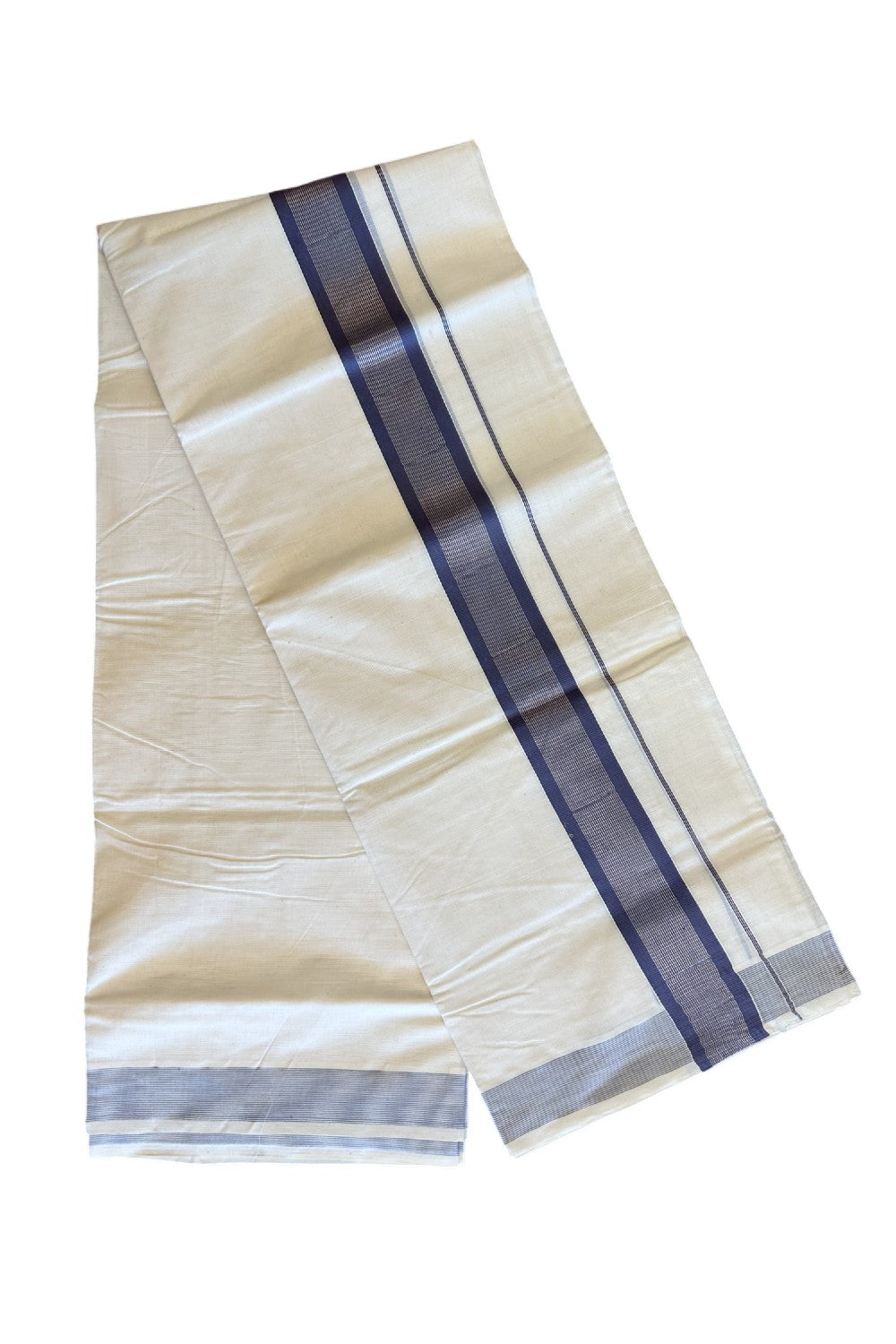 10% DISCOUNT ! KaithariKada Balaramapuram 100% Cotton Double Off white Mundu/Dhoti-100X100- 2.75inch SILVER  KASAVU & Violet Striped Kara - 32KK500KK