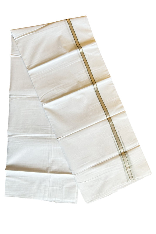 8% Discount ! Kaitharikada Balaramapuram 100% Cotton PURE WHITE Double Mundu/Dothi- 0.5 inch Silver Kasavu & Light Green Striped Chutty Kara - 32KK5032GAN