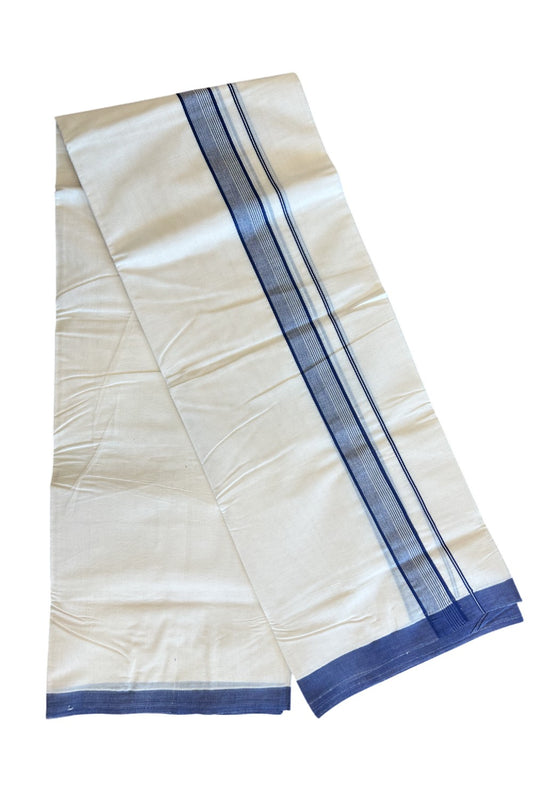 10% DISCOUNT ! KaithariKada Balaramapuram 100%  Cotton Double Off white - (Unbleached) Mundu/Dhoti-100X100- 2.25 inch   NAVY BLUE & STRIPES Kara-2.