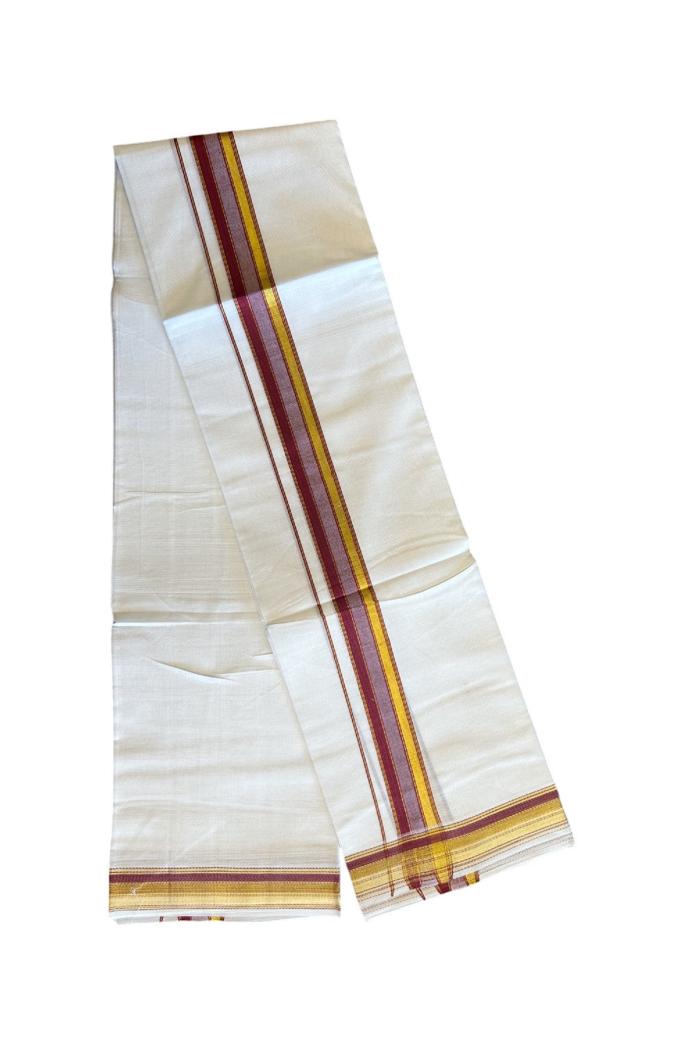 16% DISCOUNT! KaithariKada Balaramapuram 100% Mercerised Cotton Double PURE white Mundu/Dhoti - 100x100  1.75 inch Kasavu Maroon & White shaded stripes Kara - 32KK5108GAN