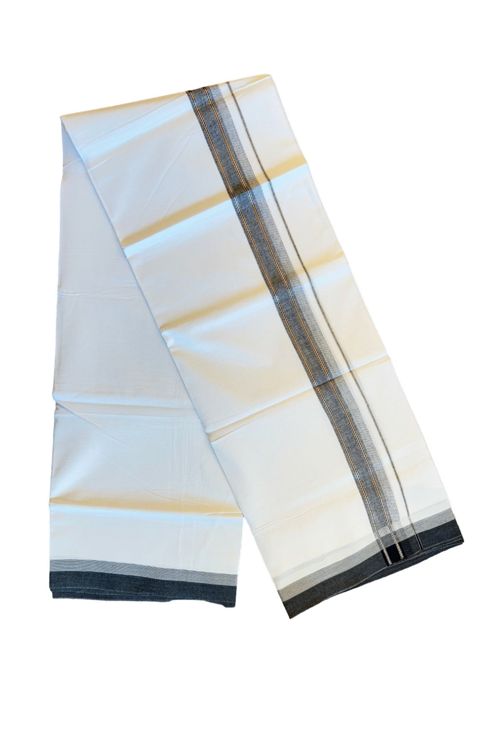 19% DISCOUNT!!! KaithariKada Balaramapuram 100% Cotton Double PURE white Mundu/Dhoti-100x100   2 Inch Silver kasavu white stripes & black shaded  kara  - 32KK83VIN