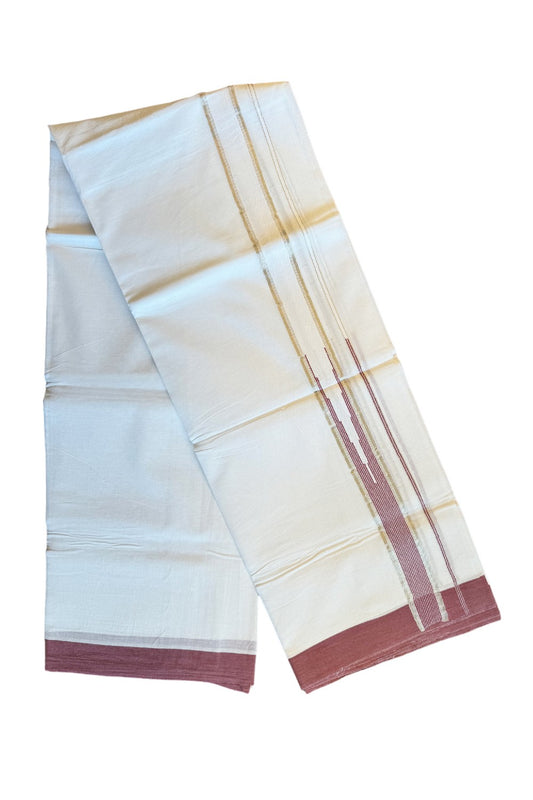 21% DISCOUNT! KaithariKada Balaramapuram 100% Cotton Double PURE white Mundu/Dhoti-100x92   2 Inch  Heavy Designer Chutty LIGHT MAROON  & Silver Kasavu Kara- 32KK84CEE