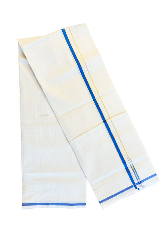 15% DISCOUNT!! KaithariKada HANDLOOM Unakkupaavu Balaramapuram - 100% PURE Cotton OFF White (Unbleached) Double Mundu/Dothi - BLUE KASAVU PULIYILAKKARA 2.cm Kara- KK46SOM-32.