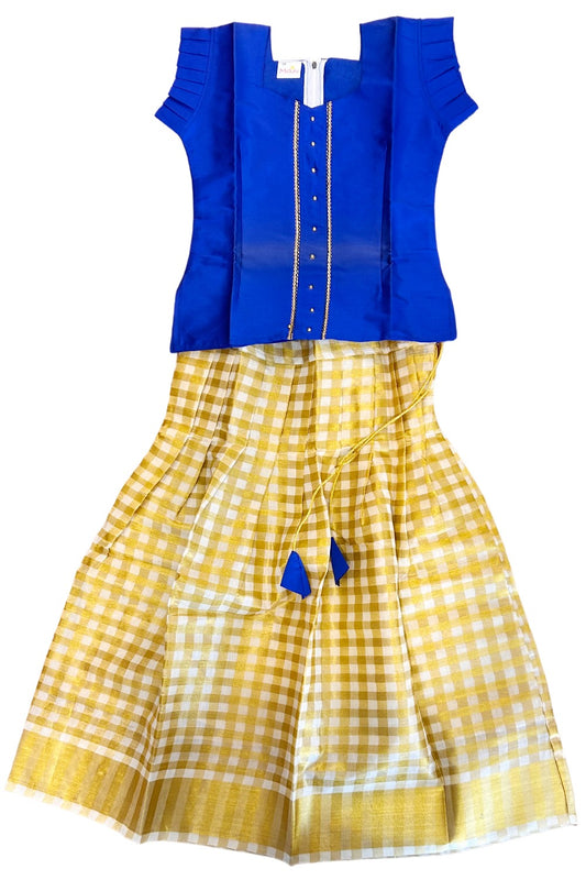 Midukki-Traditional South Indian Kids Pattu Pavada- Blue top offwhite check skirt with kasavu - Age 8 - KK8MID0032