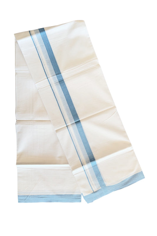 24% DISCOUNT!! Kaitharikada Balaramapuram 100% Cotton Ultra WHITE Double Mundu./Dothi-100x80  2 Inch Sky  Blue Shaded Cotton Kara -32KK45VAS.