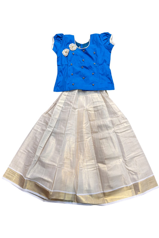 Midukki-Traditional South Indian Kids Pattu Pavada-Sky blue top with beads work tissue skirt - Age 10 - KK10MID0032