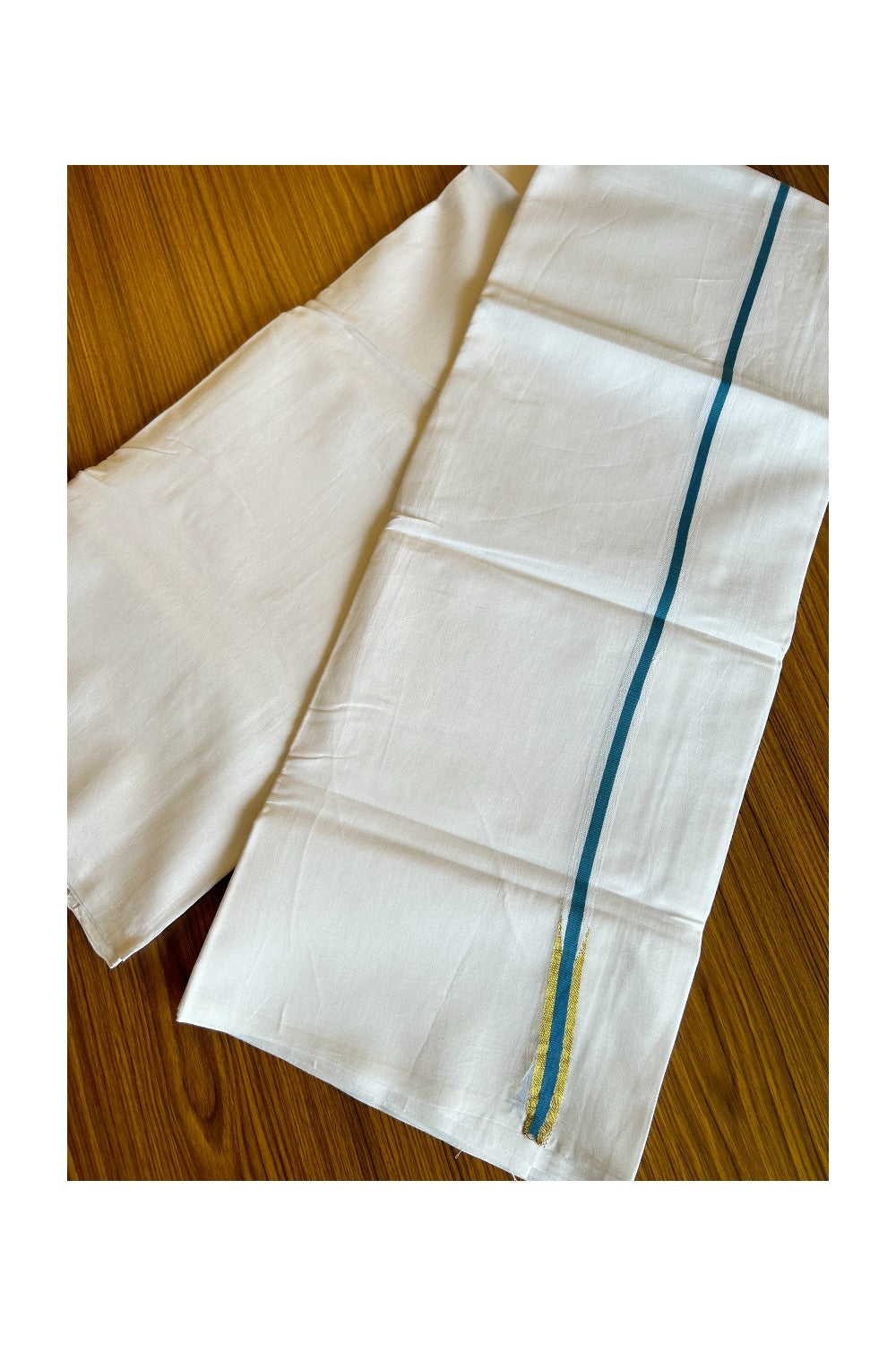 19% DISCOUNT!! KaithariKada Balaramapuram 100% Cotton PURE WHITE Double Mundu/Dhoti-100x100  1.5 cm Puliyilakkara peacock blue & kasavu chutty - 32KK412ASH