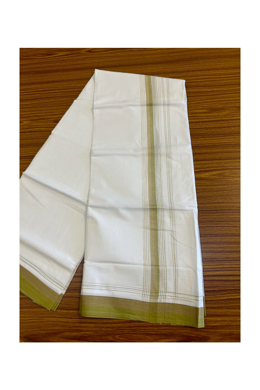 15% DISCOUNT!! Kaitharikada Balaramapuram 100% Cotton Ultra WHITE Double Mundu/Dothi-100x90  2.5 Inch Dark Olive green shaded stripes kara - 32KK430VAS