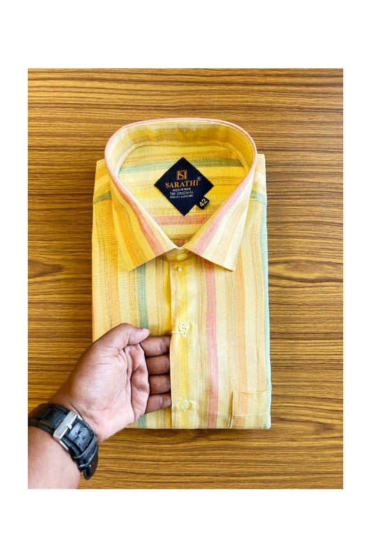 NEW !! Kaitharikada- 100% Pure Cotton Yellow Pink Striped Sarathi The Orginal Quality Clothing  Full Sleeve Shirt.- 32KK445SAR