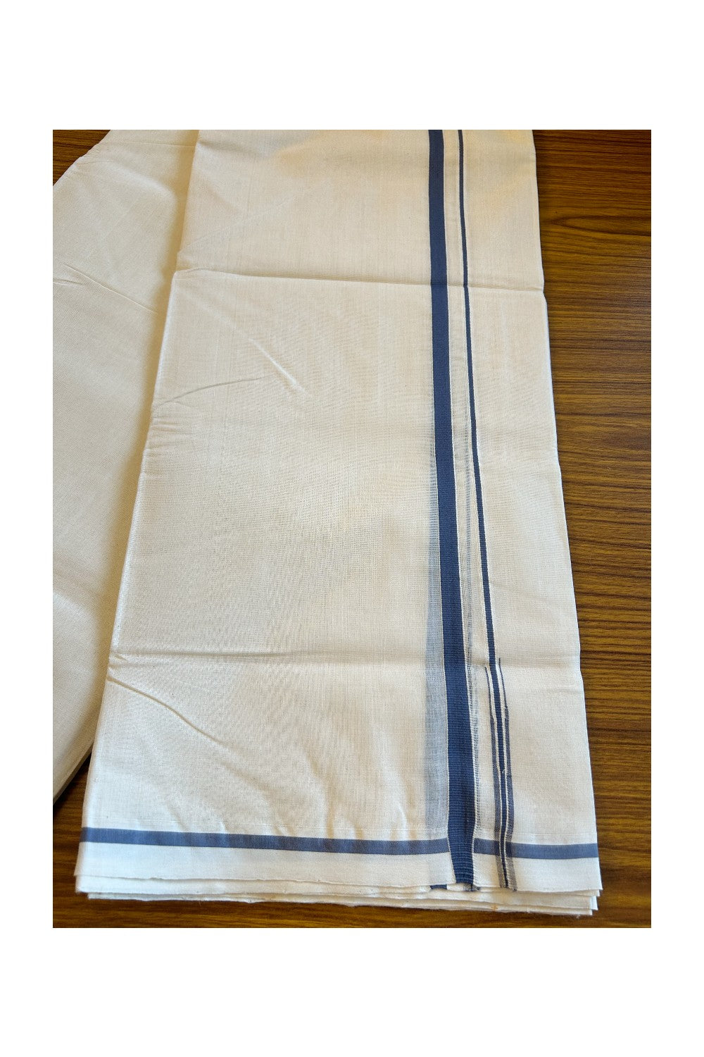 15% DISCOUNT! KaithariKada HANDLOOM Millpaav BALARAMAPURAM - 100% PURE Cotton 100x100 Double Mundu/Dhoti OFF WHITE (Unbleached) - PULIYILAKKARA Navy blue 1.cm  KARA - 32KK456KK