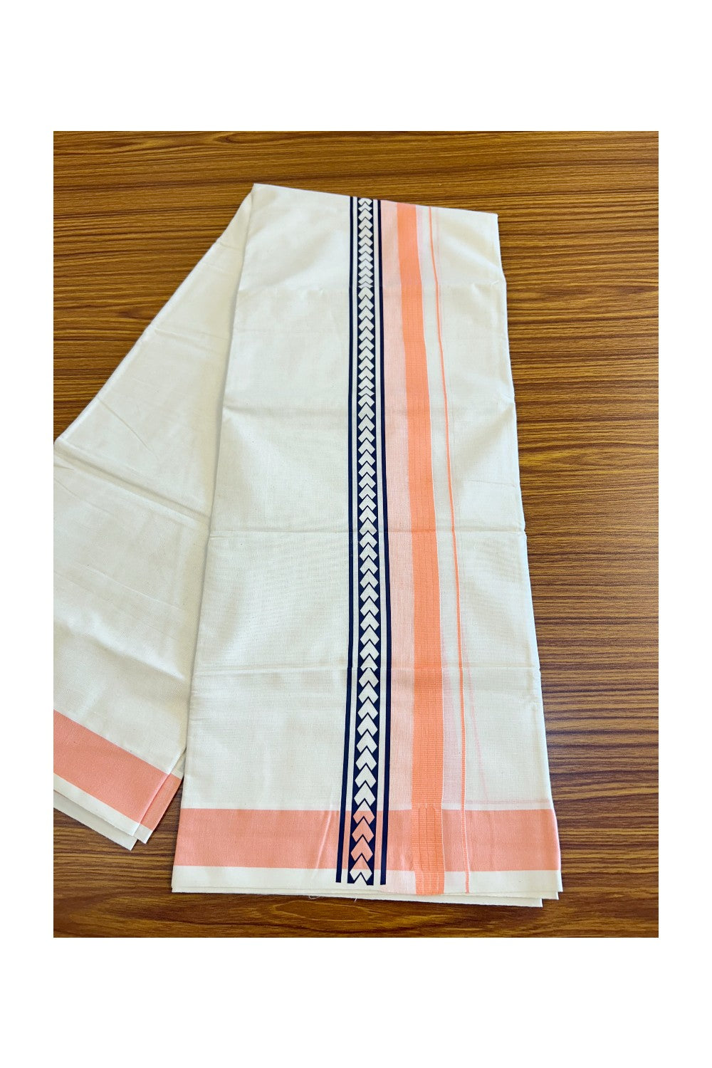 29% Discount !! KaithariKada Balaramapuram 100% Cotton Off white Double Mundu/Dhoti - 80x72- 3.25 Inch  Peach Orange Striped  Striped pattern printed kara - 29KK470VIN