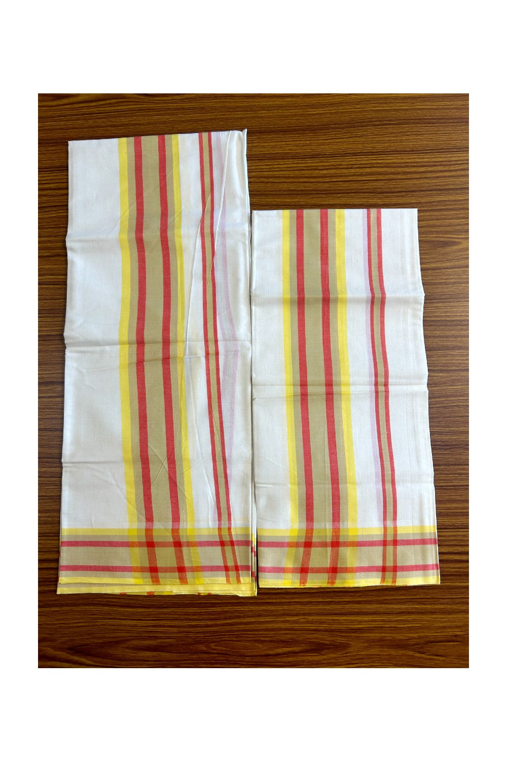 15% Discount!! KaithariKada - Kerala Cotton Single Set Mundu - EXTRA LENGTH -Yellow, Flax Yellow & Red Stripes Mulloth Kara- 32KK472CKA