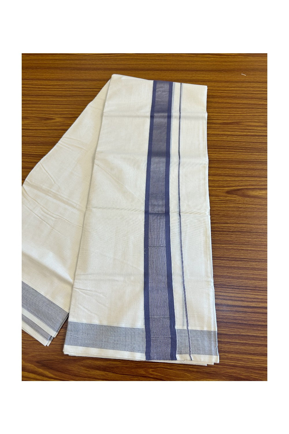 10% DISCOUNT ! KaithariKada Balaramapuram 100% Cotton Double Off white Mundu/Dhoti-100X100- 2.75inch SILVER  KASAVU & Violet Striped Kara - 32KK500KK