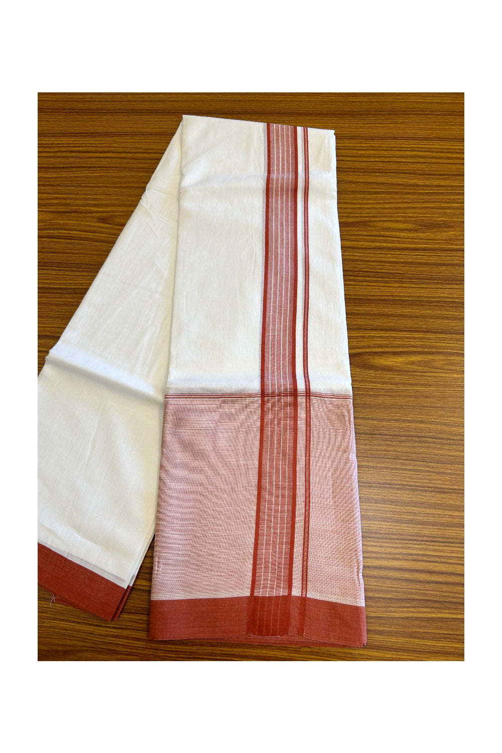 15% DISCOUNT!! Kaitharikada Balaramapuram 100% Cotton Ultra WHITE Double Mundu/Dothi-100x100 - 2 Inch RED Striped Cotton Kara 3.75m - 32KK5067KK