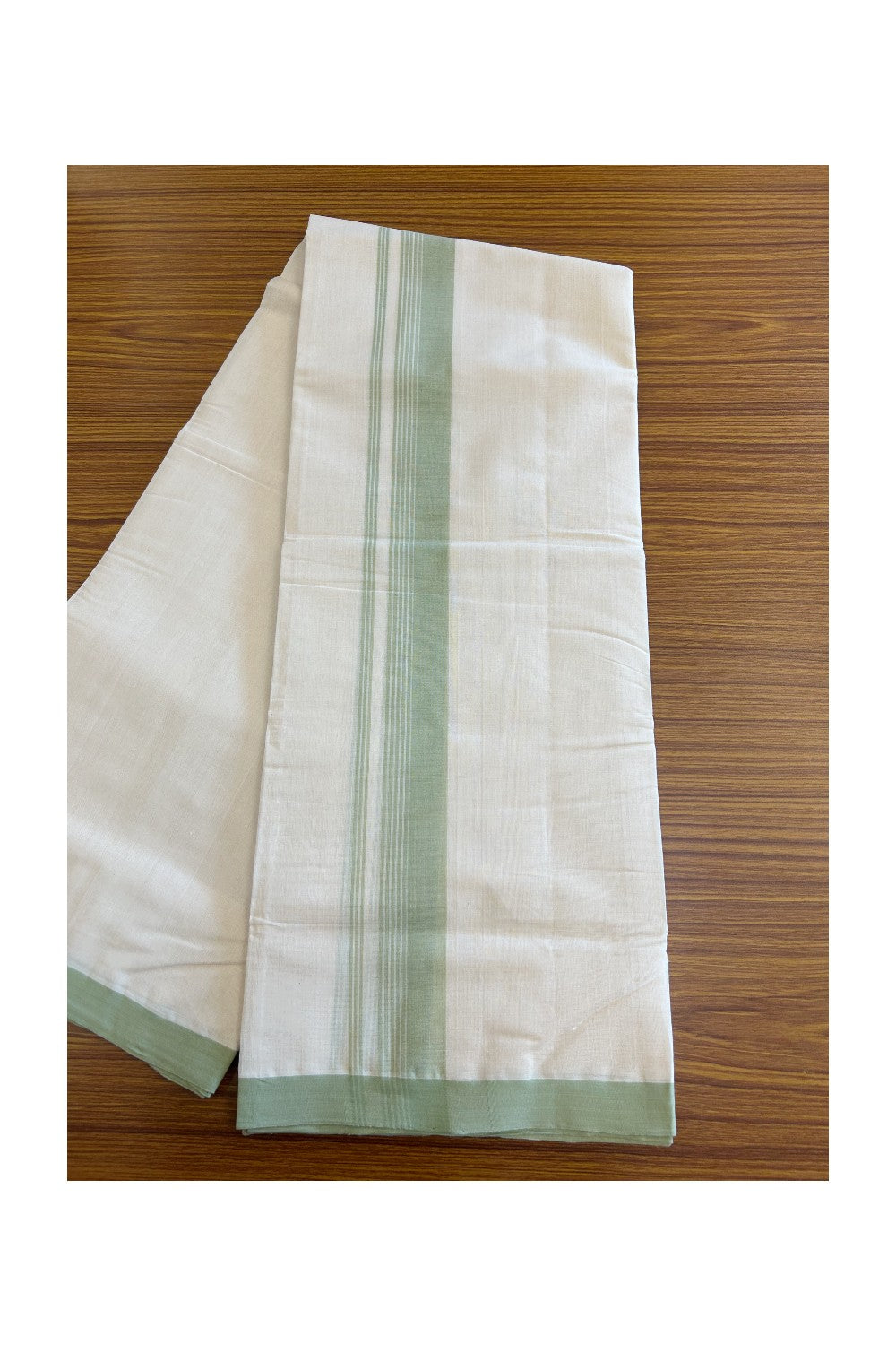 30% Discount!!! KaithariKada HANDLOOM Millpaav Balaramapuram - 100% PURE Cotton off white (Unbleached) Double Mundu/Dhoti - 2.5 inch Pista green striped kara - 32KK5105RAM